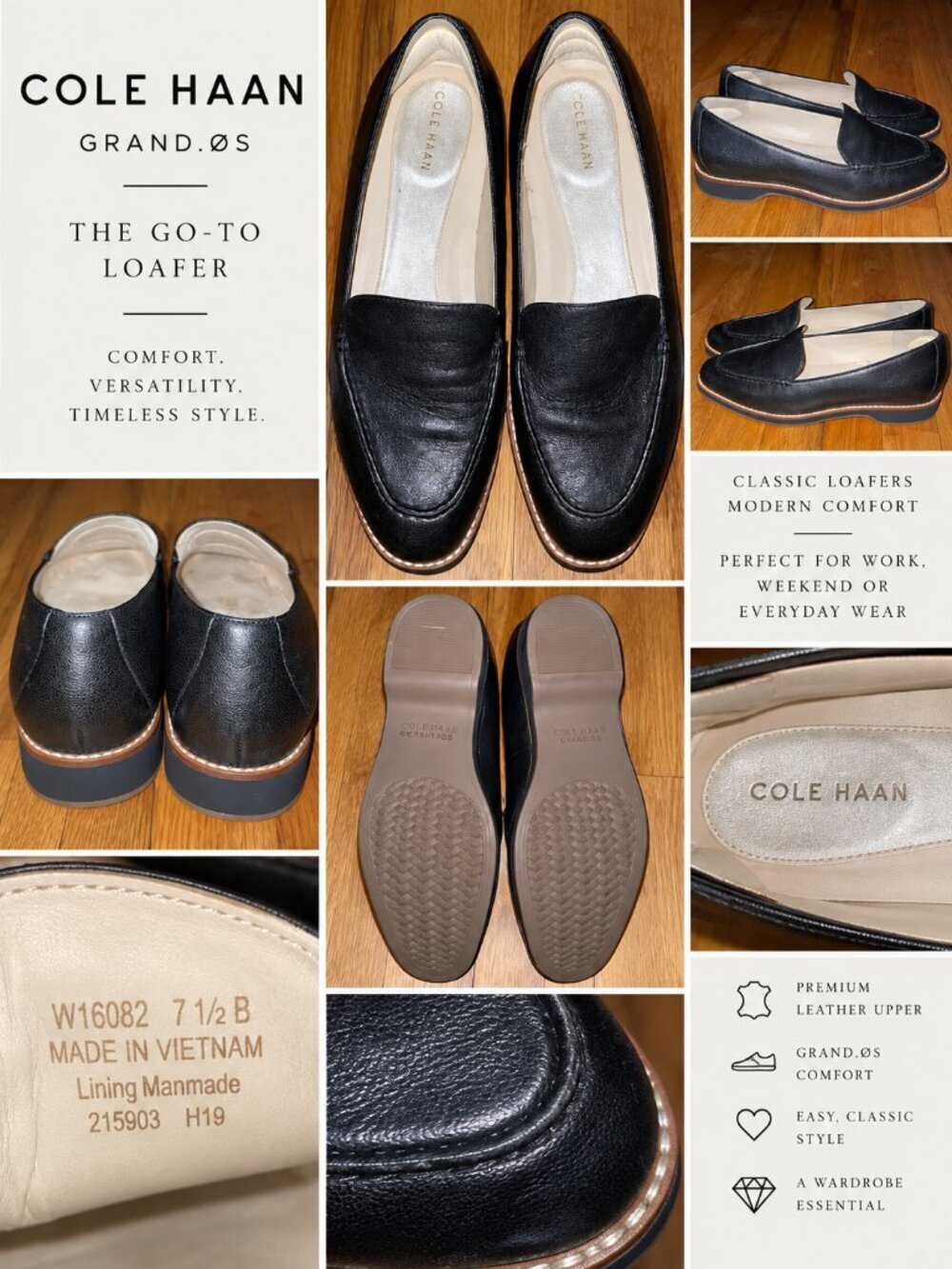 Cole Haan Grand.ØS The Go-To Black Leather Loafers Women’s 7.5B Comfort Shoes
